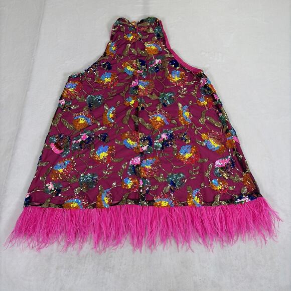 Amylynn Floral Sequined Mini Dress Size Large Pink w/Feather Trim Bnft Charity - Picture 8 of 12